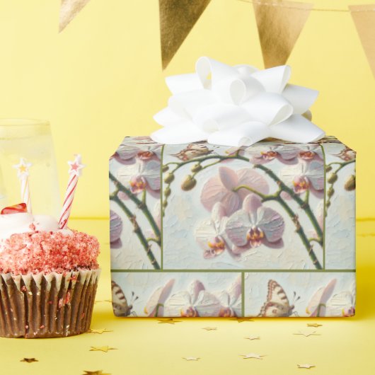 Vlinder op een orchidee-impressionistische schilde cadeaupapier (Verjaardagsfeest)
