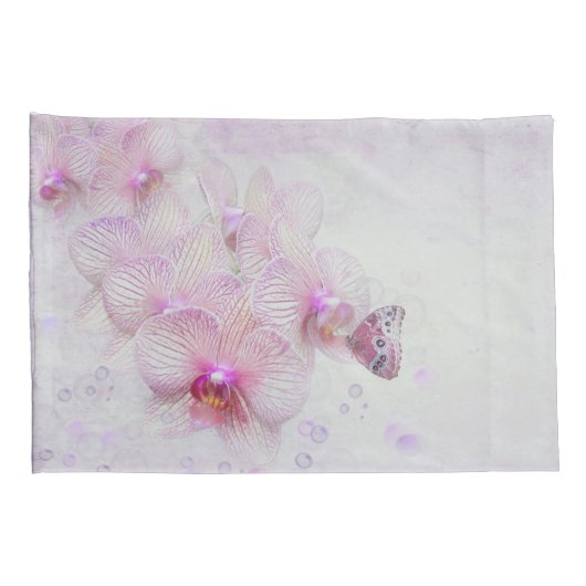 Vlinder op een roze orchidee bloesem met bubbels kussensloop (Achterkant-Rechts)