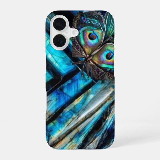 Vlinder op labradoriet iPhone 16 hoesje (Achterkant)