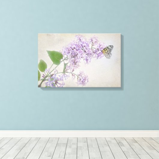 Vlinder op lila bloesem canvas afdruk (Insitu (Houten vloer))