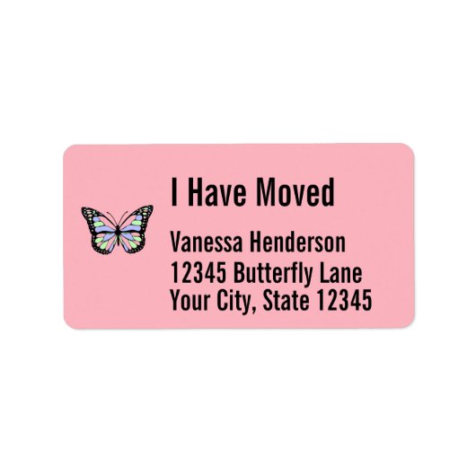 vlinder op roze bewegende aankondiging etiket (Voorkant)