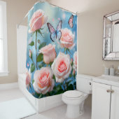 Vlinder op roze bloem douchegordijn (In situ)