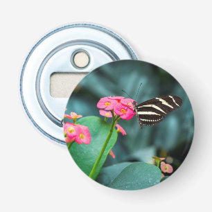Vlinder op Roze Bloem Fotografie Button Flesopener