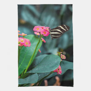 Vlinder op Roze Bloem Fotografie Theedoek
