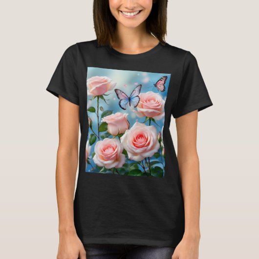 Vlinder op roze bloem t-shirt (Voorkant)