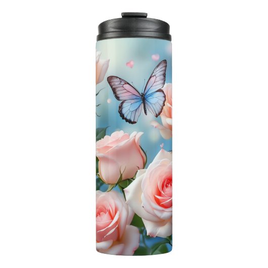 Vlinder op roze bloem thermosbeker (Voorkant)
