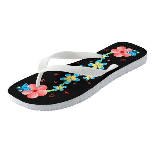 Vlinder op roze en blauwe bloemen Teenslippers (Schuin)
