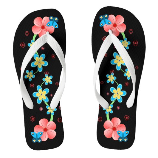 Vlinder op roze en blauwe bloemen Teenslippers (Voetbed)