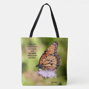 Vlinder op Wildflower, met Vers (Johannes 8:32) Tote Bag