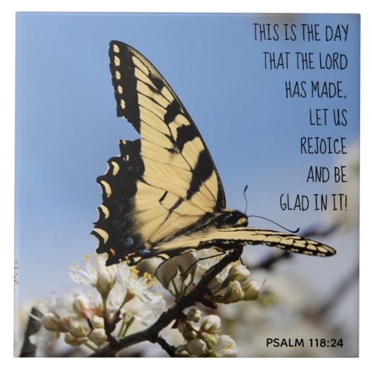 Vlinder op witte bloesem, vers Psalm 118:2 Tegeltje (Voorkant)