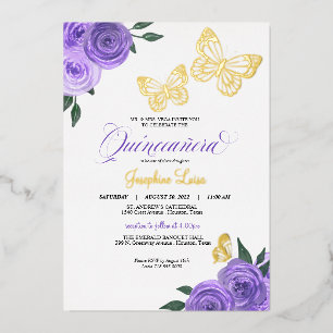 Vlinder Paarse Rozen Quinceanera Echt Folie Uitnodiging