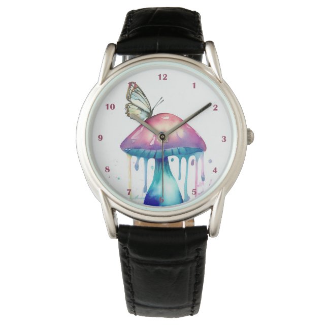  Vlinder Paddestoel Rainbow Waterverf Art Horloge (Voorkant)