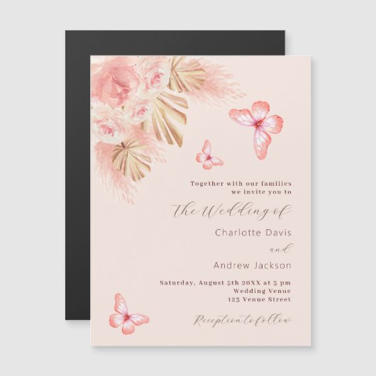 Vlinder pampas gras roos gouden luxe bruiloft magnetische uitnodiging (Voorkant / Achterkant)