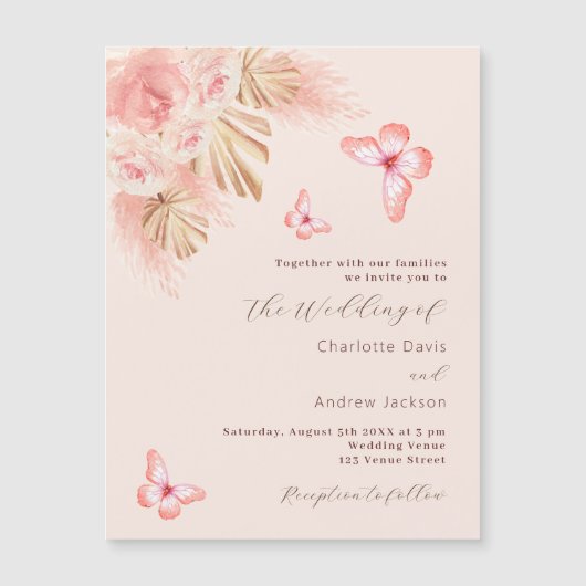 Vlinder pampas gras roos gouden luxe bruiloft magnetische uitnodiging (Voorkant)