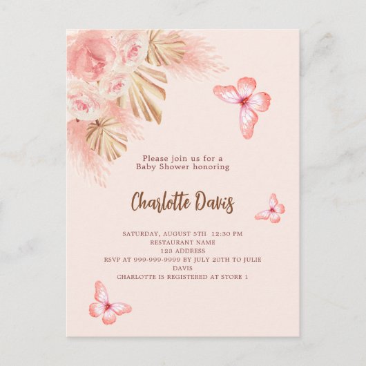 Vlinder pampas gras roze meisje Baby shower Uitnodiging Briefkaart (Voorkant)
