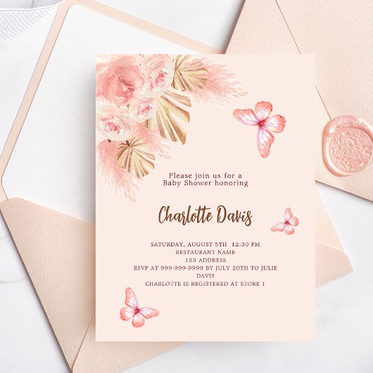 Vlinder pampas gras roze meisje Baby shower Uitnodiging Briefkaart
