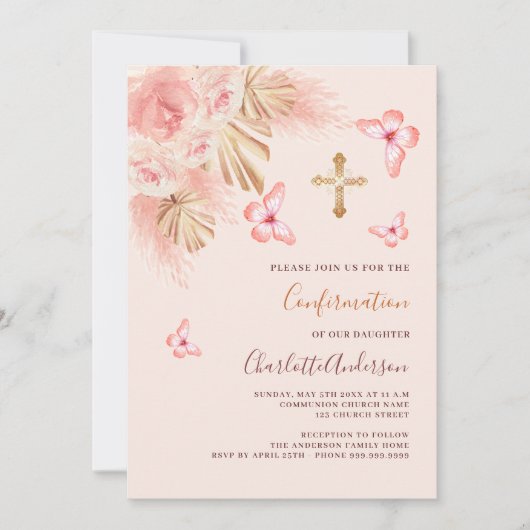 Vlinder pampas gras roze rose goud Bevestiging Kaart (Voorkant)