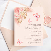 Vlinder pampas gras roze rose goud bruiloft uitnodiging briefkaart