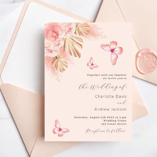 Vlinder pampas gras roze rose goud bruiloft uitnodiging briefkaart