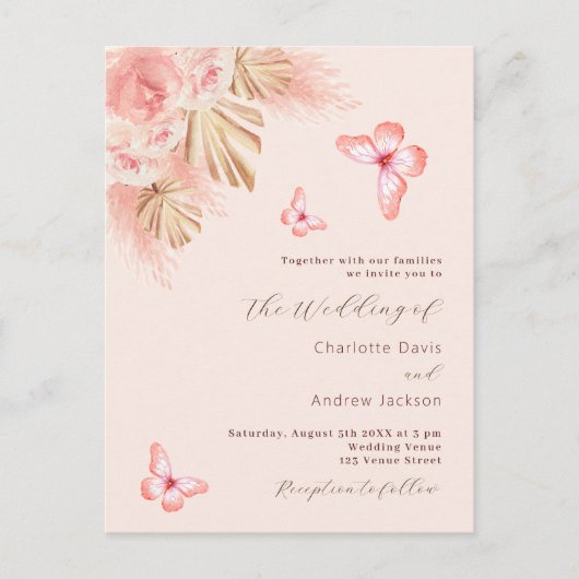Vlinder pampas gras roze rose goud bruiloft uitnodiging briefkaart (Voorkant)