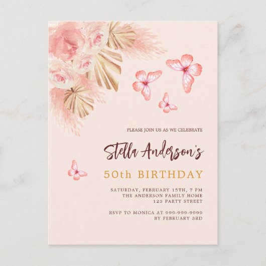Vlinder pampas gras roze rose goud verjaardag uitnodiging briefkaart (Voorkant)