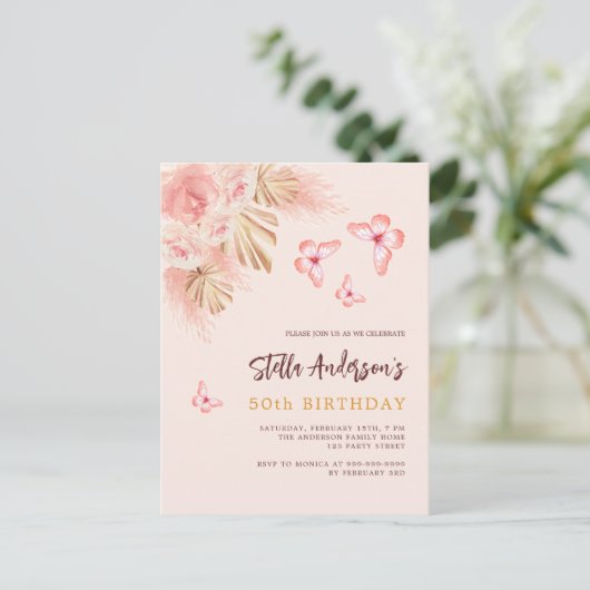 Vlinder pampas gras roze rose goud verjaardag uitnodiging briefkaart (Staand voorkant)