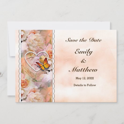 Vlinder Parel Hart Bloemen Sereniteit Rozen Save The Date (Voorkant)