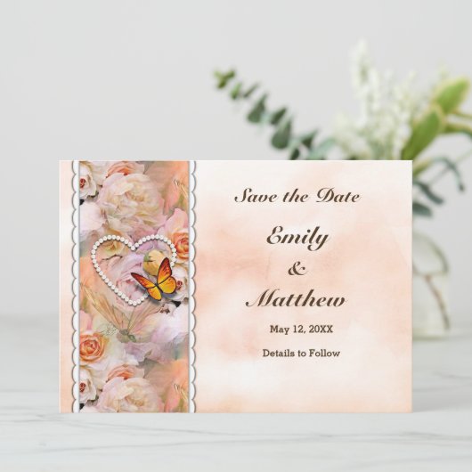 Vlinder Parel Hart Bloemen Sereniteit Rozen Save The Date (Staand voorkant)