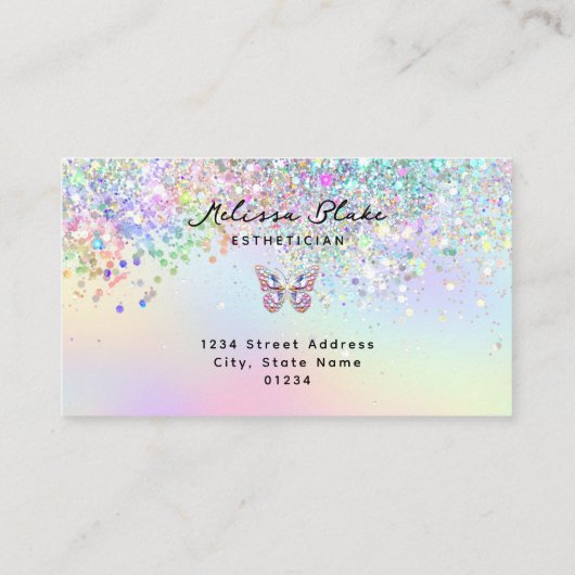 vlinder pareltjes faux pastel glitter visitekaartje (Achterkant)