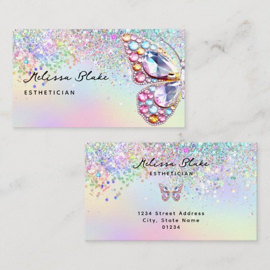 vlinder pareltjes faux pastel glitter visitekaartje (Voorkant / Achterkant)