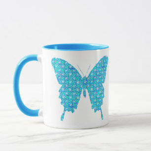 Vlinder, patroon in blauw, turquoise, wit mok