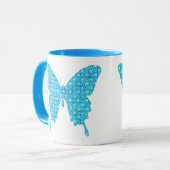 Vlinder, patroon in blauw, turquoise, wit mok (Voorkant links)