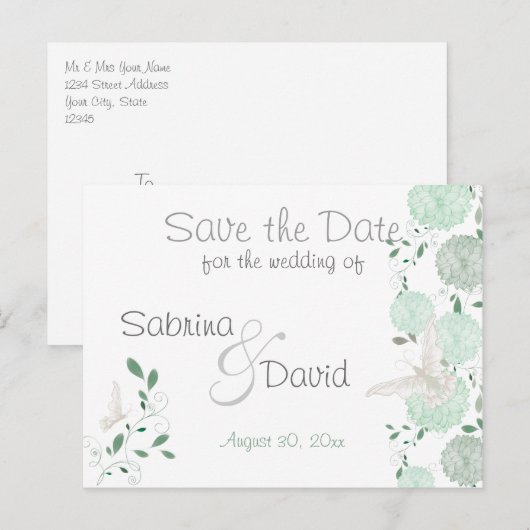 Vlinder Pistache Chrysanthemum Save the Date Aankondigingskaart (Voorkant / Achterkant)