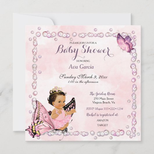 Vlinder Prinses Baby Meisje Uitnodiging (Voorkant)