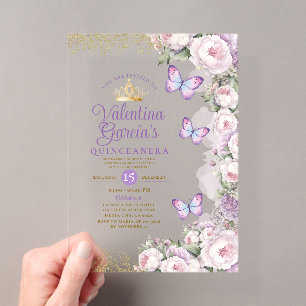 Vlinder Quinceañera 15 Jaar Paarse Bloemenkroon Acryl Uitnodigingen