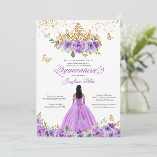 vlinder Quinceañera Paarse Waterverf bloemen in Kaart (Staand voorkant)