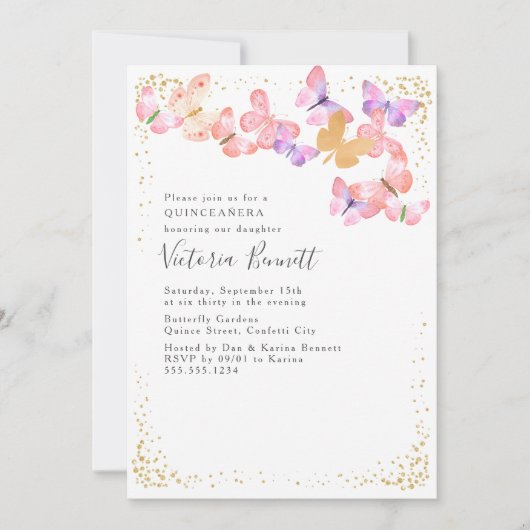 Vlinder Quinceanera roze goud 15e verjaardag Kaart (Voorkant)