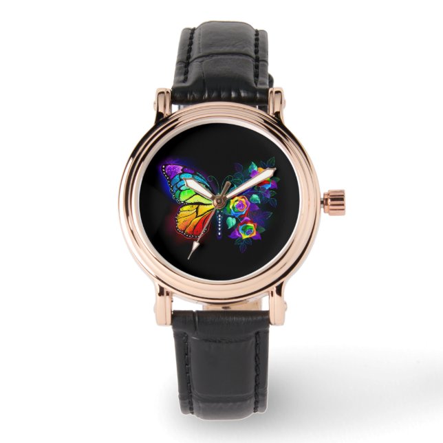 Vlinder regenboog bloem horloge (Voorkant)