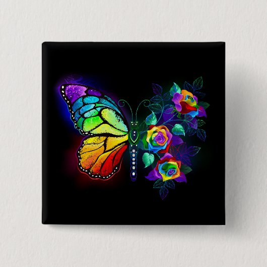 Vlinder regenboog bloem vierkante button 5,1 cm (Voorkant)