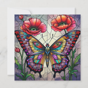Vlinder & Rode Klaproos Glas-in-lood Insect Kunst Kaart