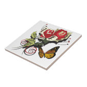 Vlinder rode rozenbloemen natuur kunst tegeltje (Zijkant)