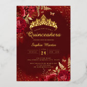 Vlinder Rood Goud Bloemen Quinceanera Folie Uitnodiging (Voorkant)