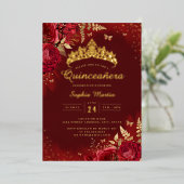 Vlinder Rood Goud Bloemen Quinceanera Folie Uitnodiging (Staand Voorkant)