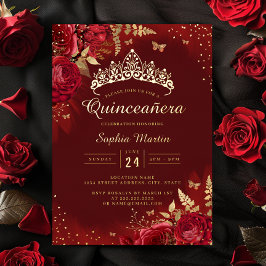 Vlinder Rood Goud Bloemig Quinceanera Folie Uitnodiging