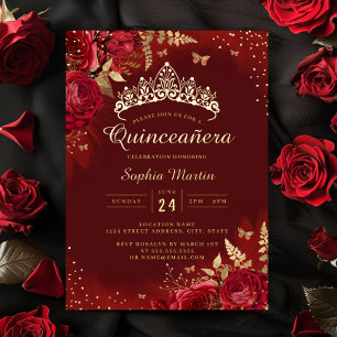 Vlinder Rood Goud Bloemig Quinceanera Folie Uitnodiging