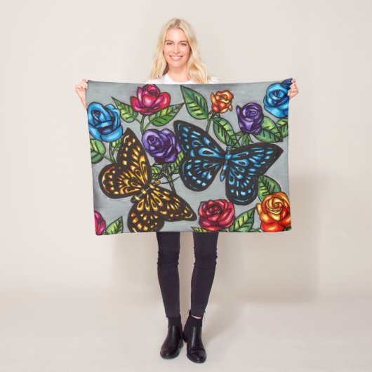Vlinder roos bloeit originele natuur tekening fleece deken (In situ)