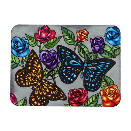 Vlinder roos bloeit originele natuur tekening magneet (Horizontaal)