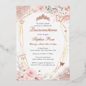Vlinder Roos Goud Roze Blush Bloemen Quinceanera Folie Uitnodiging (Voorkant)