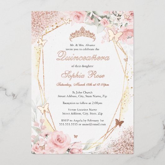 Vlinder Roos Goud Roze Blush Bloemen Quinceanera Folie Uitnodiging (Voorkant)