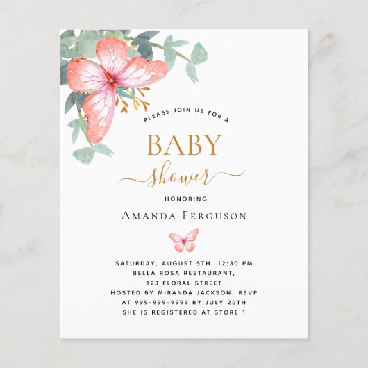 Vlinder roos gouden meisje budget Baby shower (Voorkant)